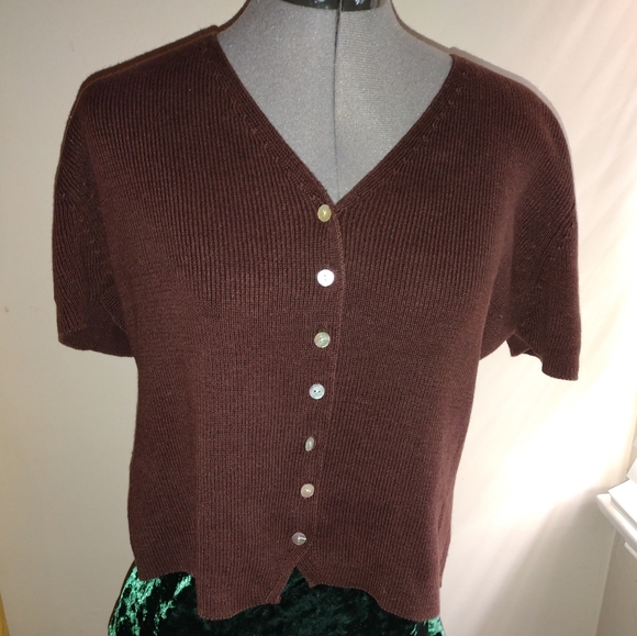 Vintage Brown Short Sleeved Cardigan Sweater, Vintage Button Up Cardigan Sweater - Picture 7 of 13